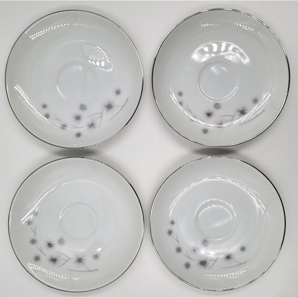 Creative Platinum Star Burst Saucers 5 3/4" Silver Trim Japan Gray Set of 4 - Picture 3 of 7